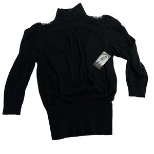 Nine West Womens Black Turtle Neck balloon Lace Shoulder Knit Sweater Size Small